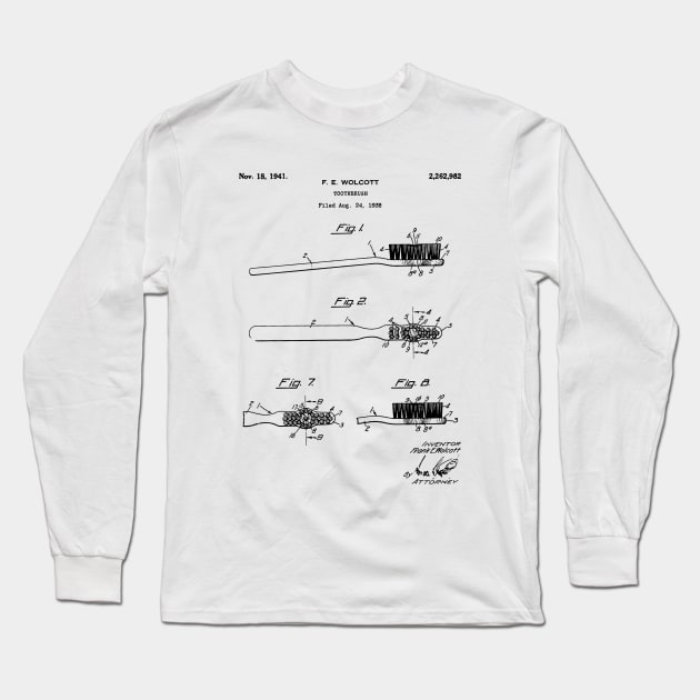 Toothbrush Patent - Bathroom Art - Black And White Long Sleeve T-Shirt by patentpress